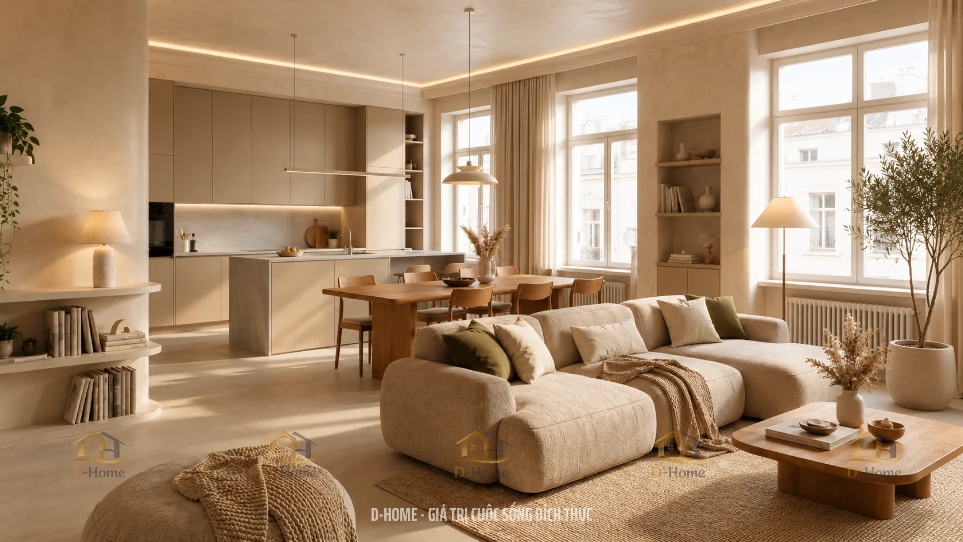 Phong cách thiết kế phòng bếp liền kề phòng khách (Open-Space)