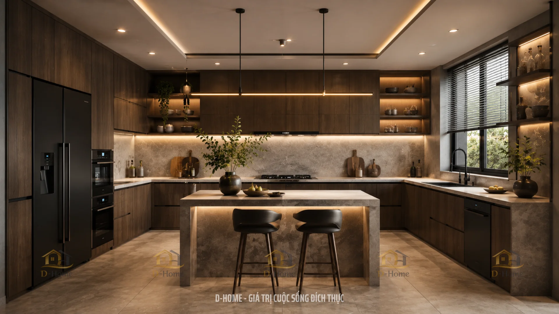 Tủ bếp dáng chữ U hoặc tủ bếp có bàn đảo 
