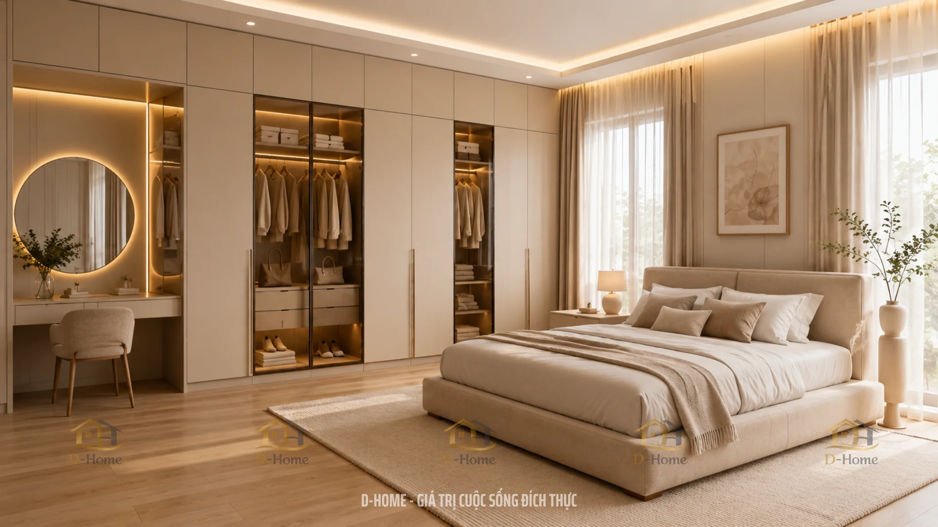Tủ quần áo kịch trần tận dụng triệt để khoảng không phía trên cao, mở rộng diện tích lưu trữ 