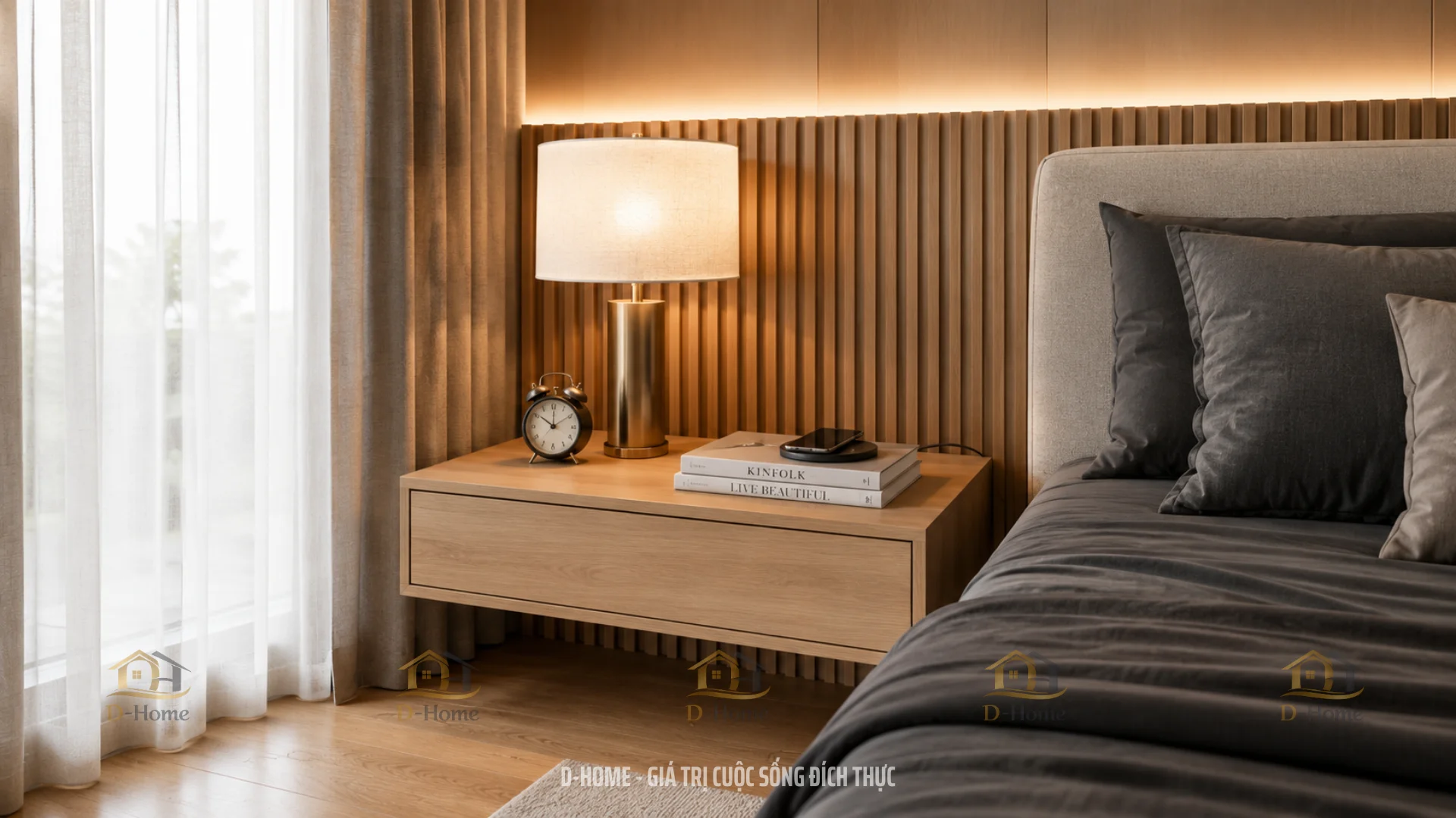 Tab đầu giường lý tưởng để đặt đèn ngủ, đồng hồ báo thức, điện thoại