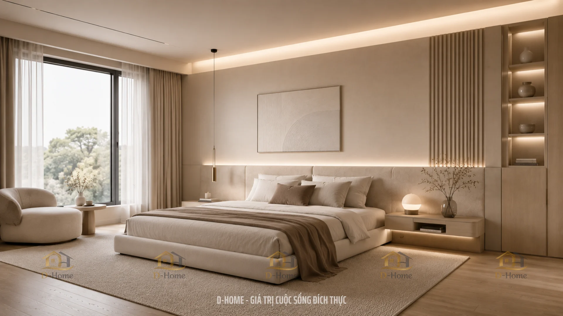 Tone màu chủ đạo thường là trắng, kem, xám beige kết hợp với các đường bo cong mềm mại