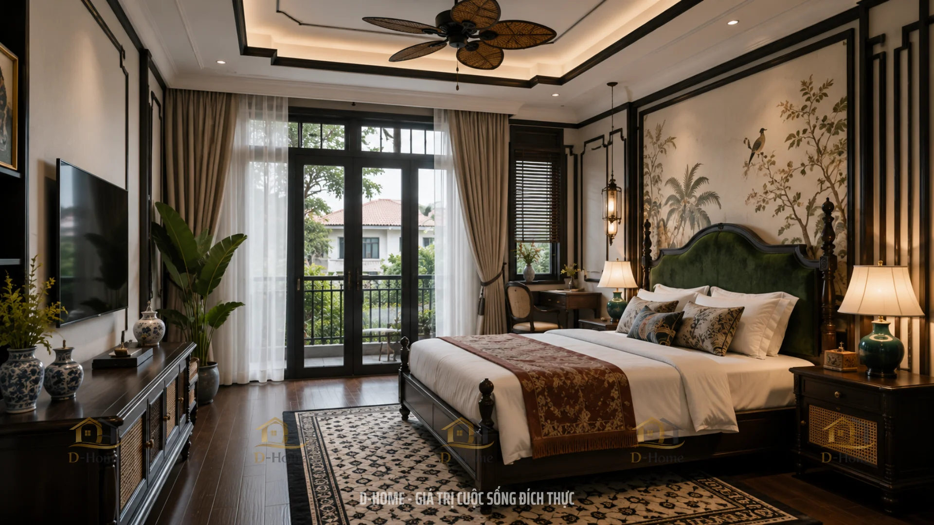 Nội thất cốt lõi sử dụng gỗ tự nhiên tối màu đan xen vách mây tre đan tinh xảo