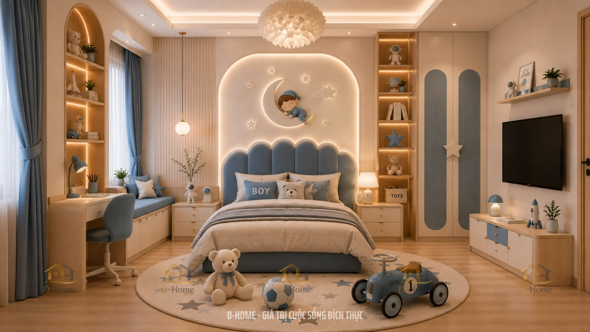 Màu sắc chủ đạo là xanh dương, trắng, xanh lá.