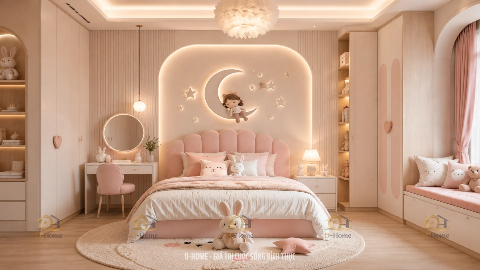 Phòng ngủ cho bé gái chủ yếu sử dụng tông màu hồng
