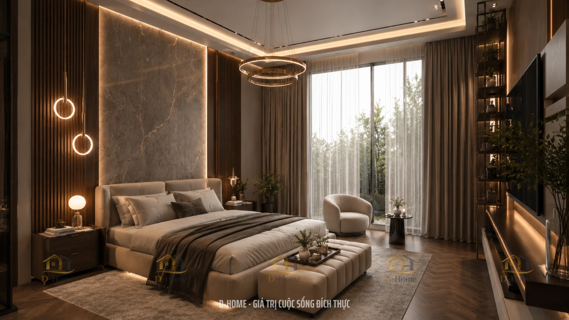 Rèm phòng khách và phòng ngủ đều ưu tiên sử dụng rèm 2 lớp để điều phối ánh sáng linh hoạt.