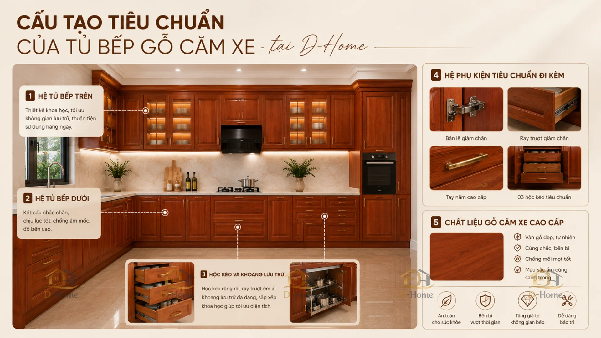Tủ bếp gỗ căm xe Lào/ Nam Phi bền đẹp sang trọng giá tốt HCM