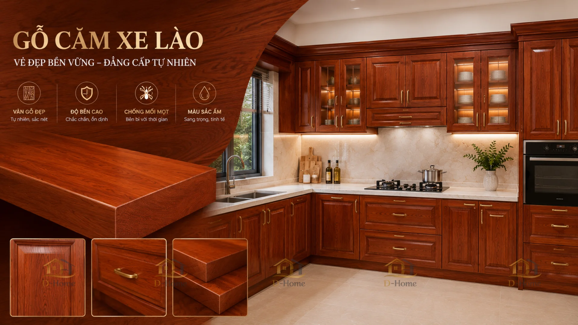Tủ bếp gỗ căm xe Lào/ Nam Phi bền đẹp sang trọng giá tốt HCM