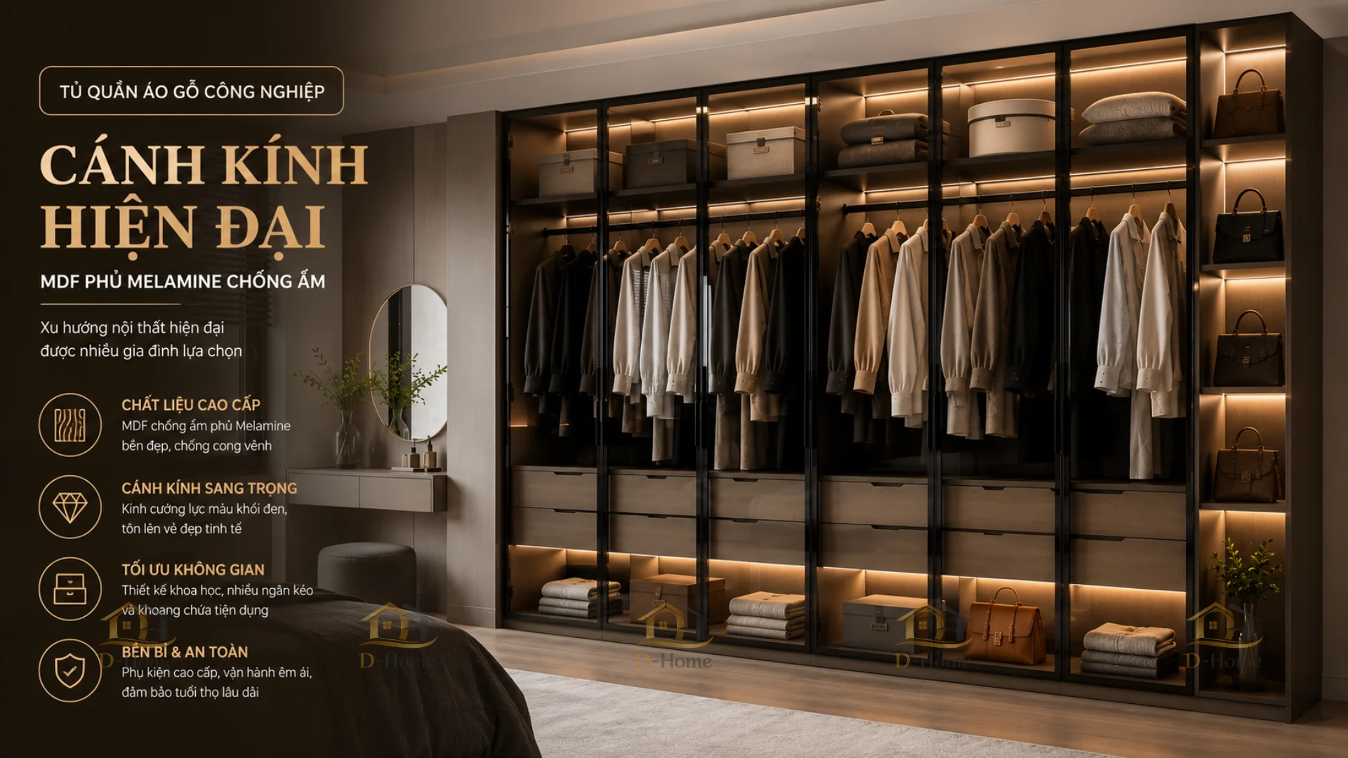 Tủ quần áo gỗ công nghiệp cánh kính MDF phủ Melamine giá tốt