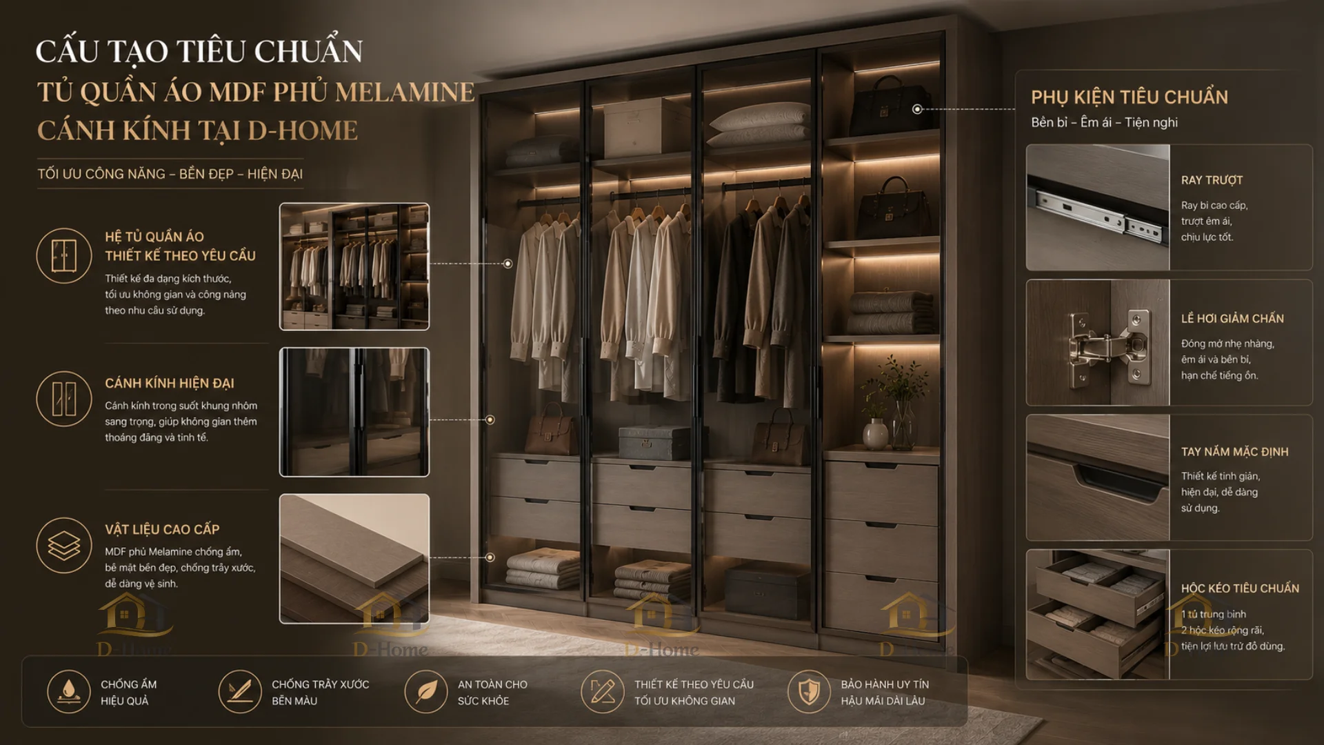 Tủ quần áo gỗ công nghiệp cánh kính MDF phủ Melamine giá tốt