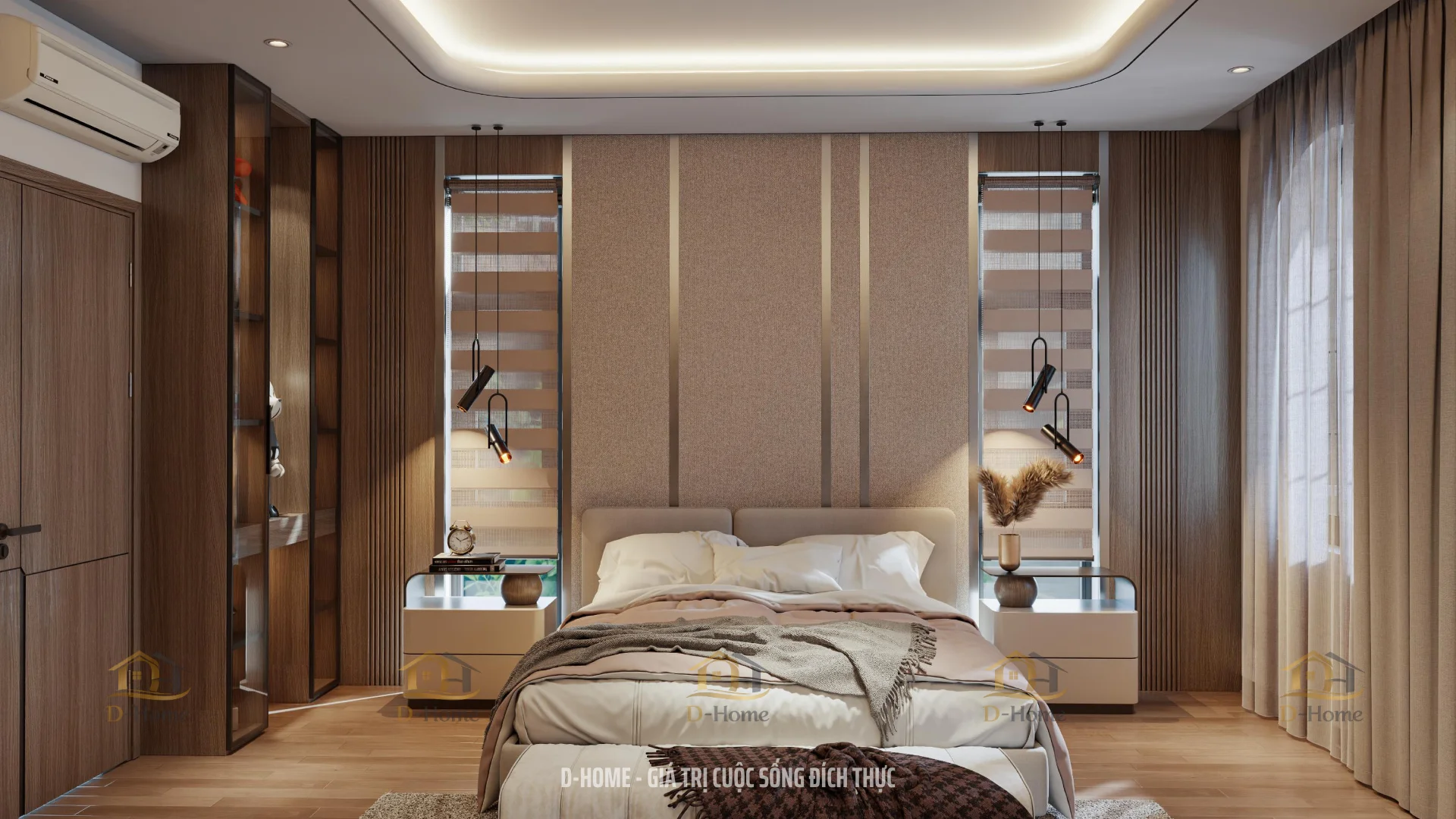 Giường ngủ được bố trí tại vị trí trung tâm, phía sau là hệ vách đầu giường bọc nỉ kết hợp lam gỗ