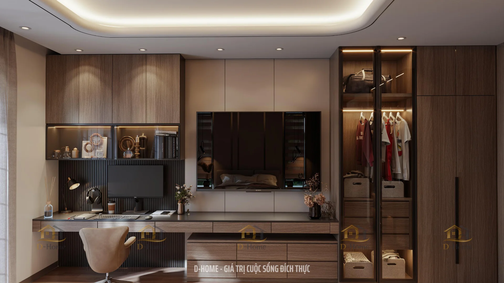 ối diện giường ngủ là khu vực làm việc được thiết kế liền mạch cùng hệ tủ TV.