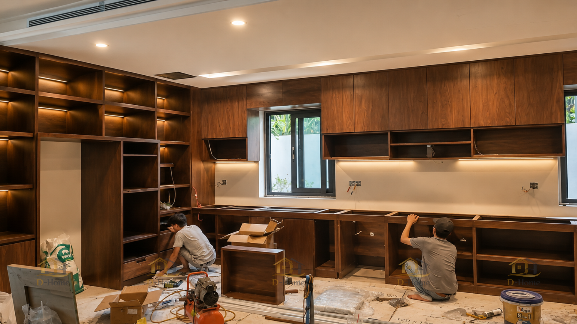 D-Home còn trực tiếp sản xuất nhiều hạng mục nội thất theo yêu cầu tại xưởng như tủ bếp gỗ MDF, tủ bếp gỗ tự nhiên, tủ quần áo...