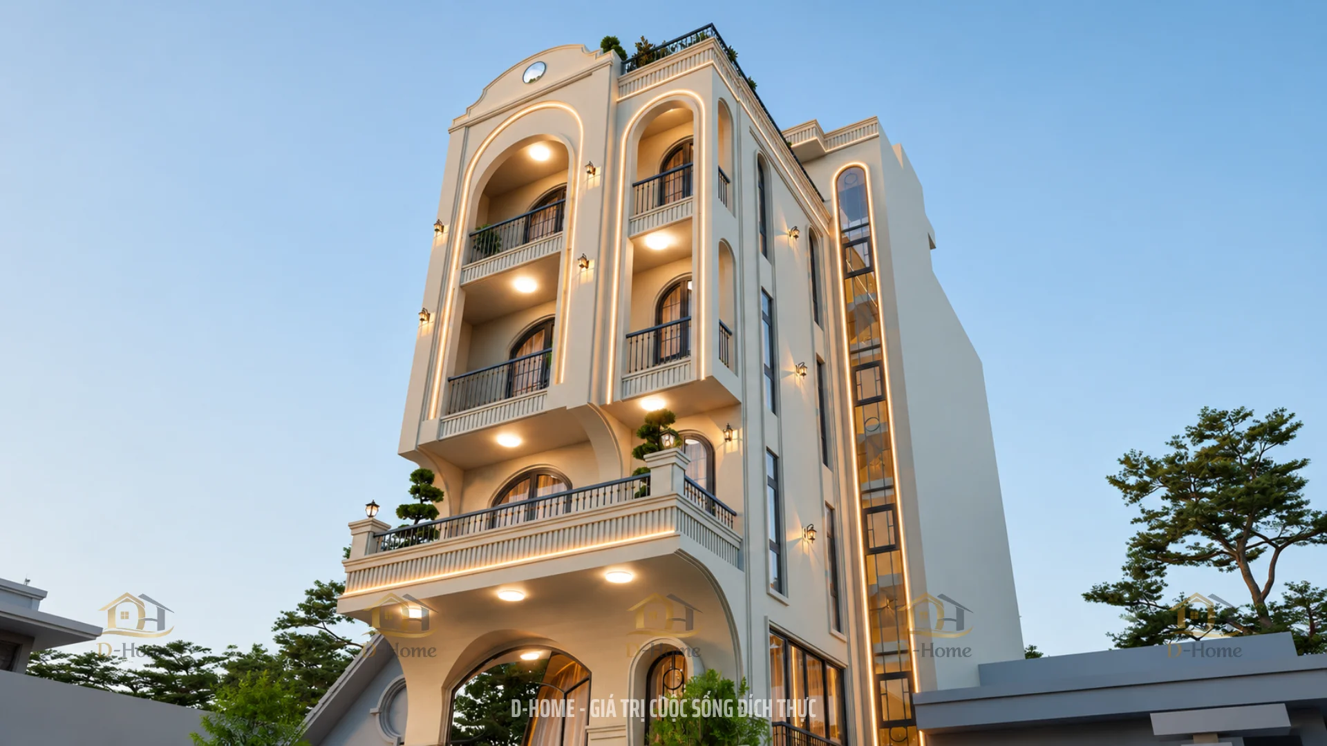 Công trình gồm 3 tầng, 1 tầng lửng và 4 phòng ngủ, được định hướng theo phong cách Modern Luxury