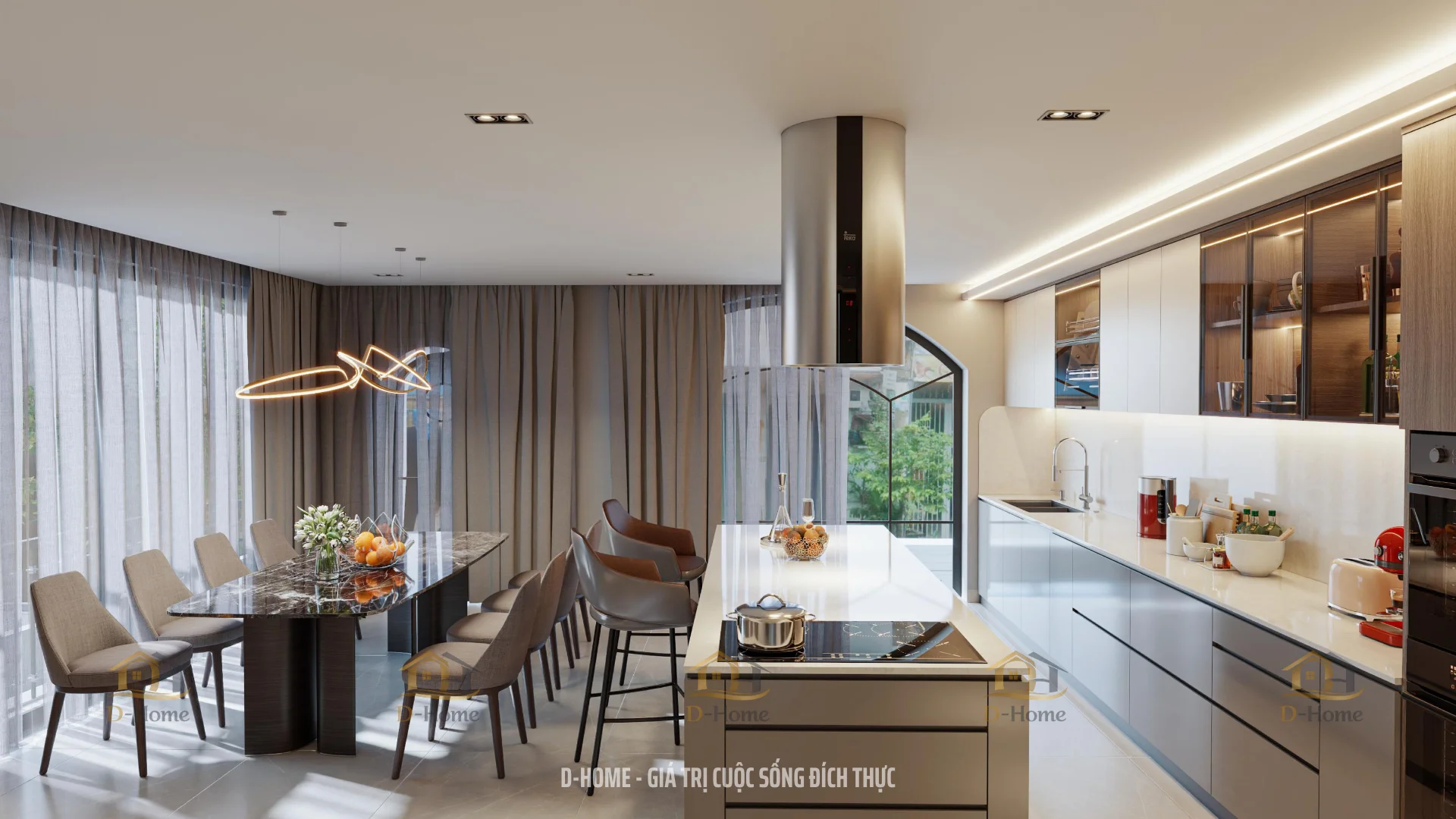 Thiết kế phòng bếp hài hòa giữa công năng ánh sáng và vật liệu