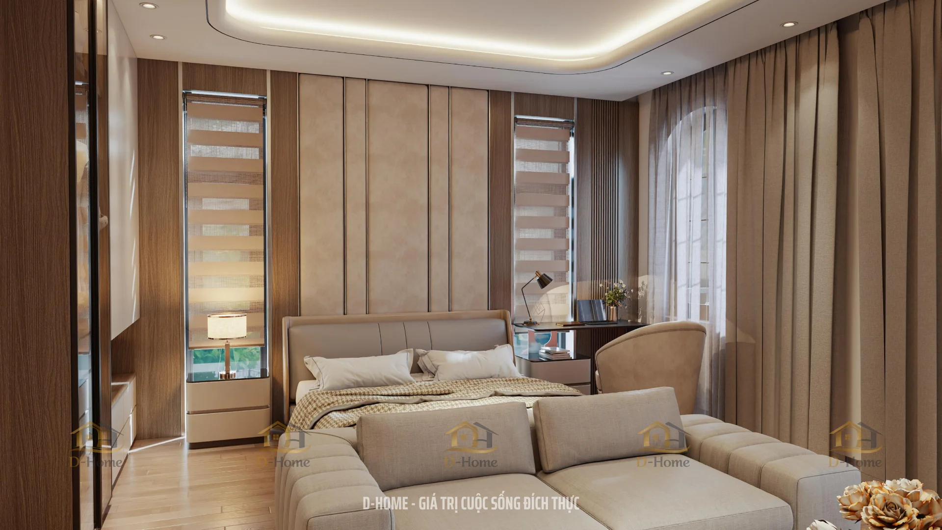 Tổng thể phòng ngủ master biệt thự với giường ngủ bọc nệm cao cấp kết hợp sofa thư giãn cuối giường