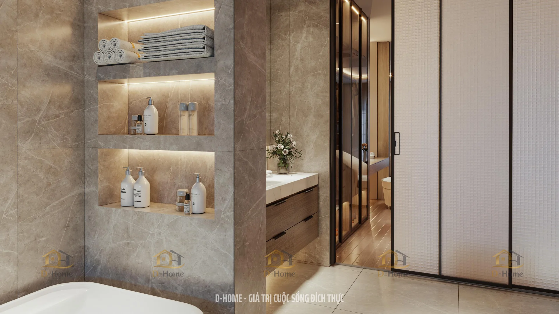 D-Home lựa chọn đá vân tự nhiên màu ghi sáng kết hợp mặt đá trắng nhằm tạo nên vẻ đẹp sang trọng