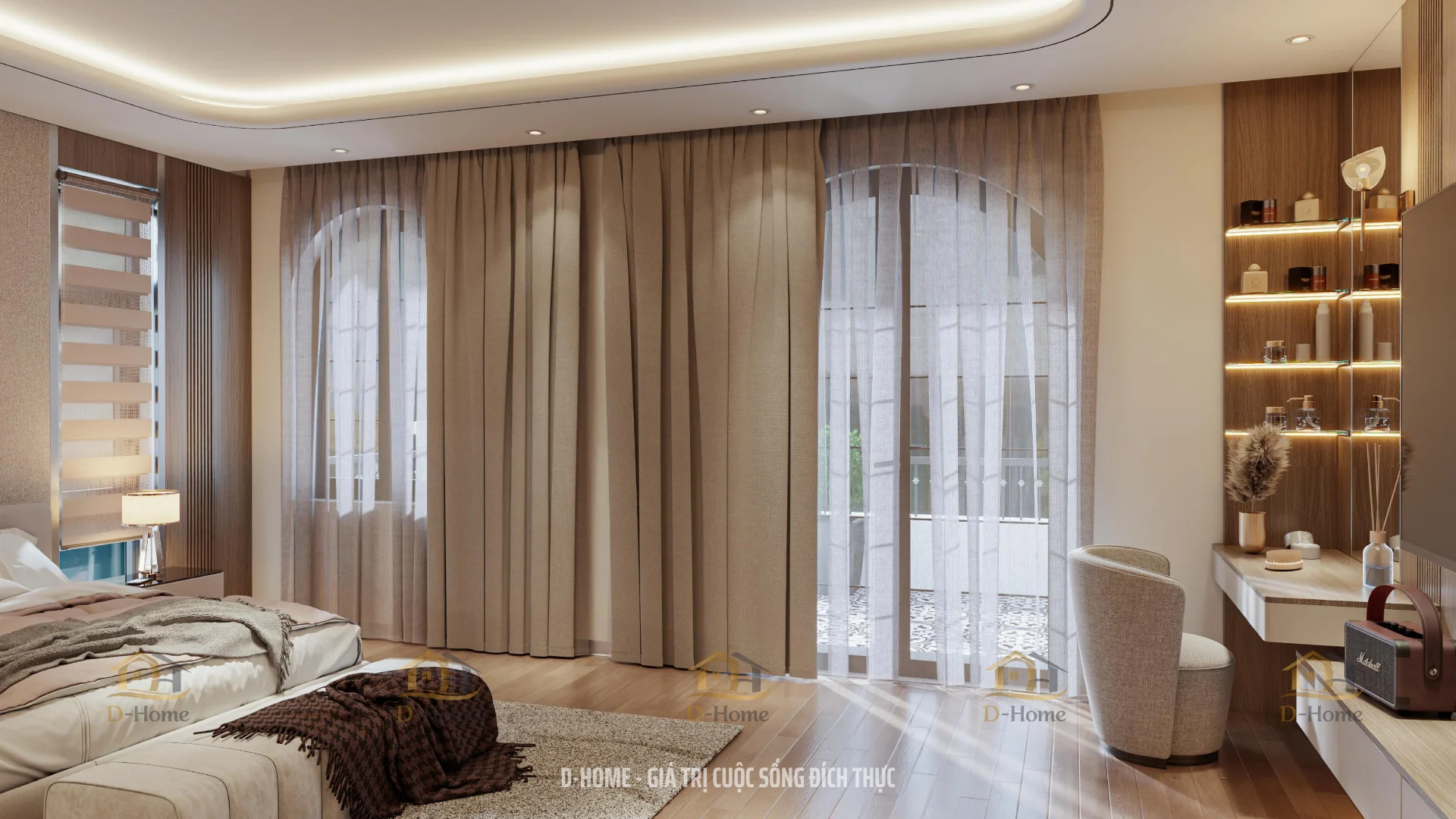 Cửa sổ lớn và ban công giúp căn phòng luôn thông thoáng