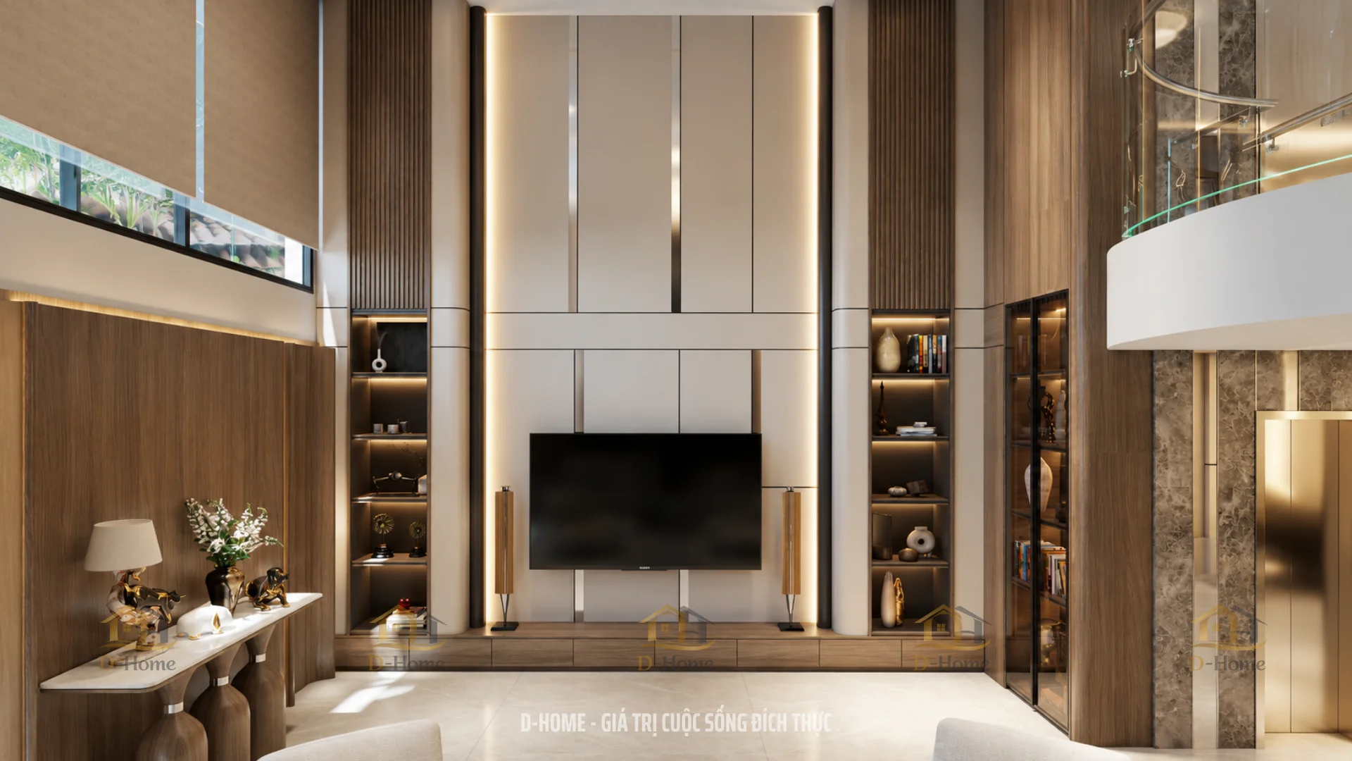 D-Home thiết kế hệ tủ TV cao sát trần nhằm tăng khả năng lưu trữ và tạo cảm giác liền mạch.