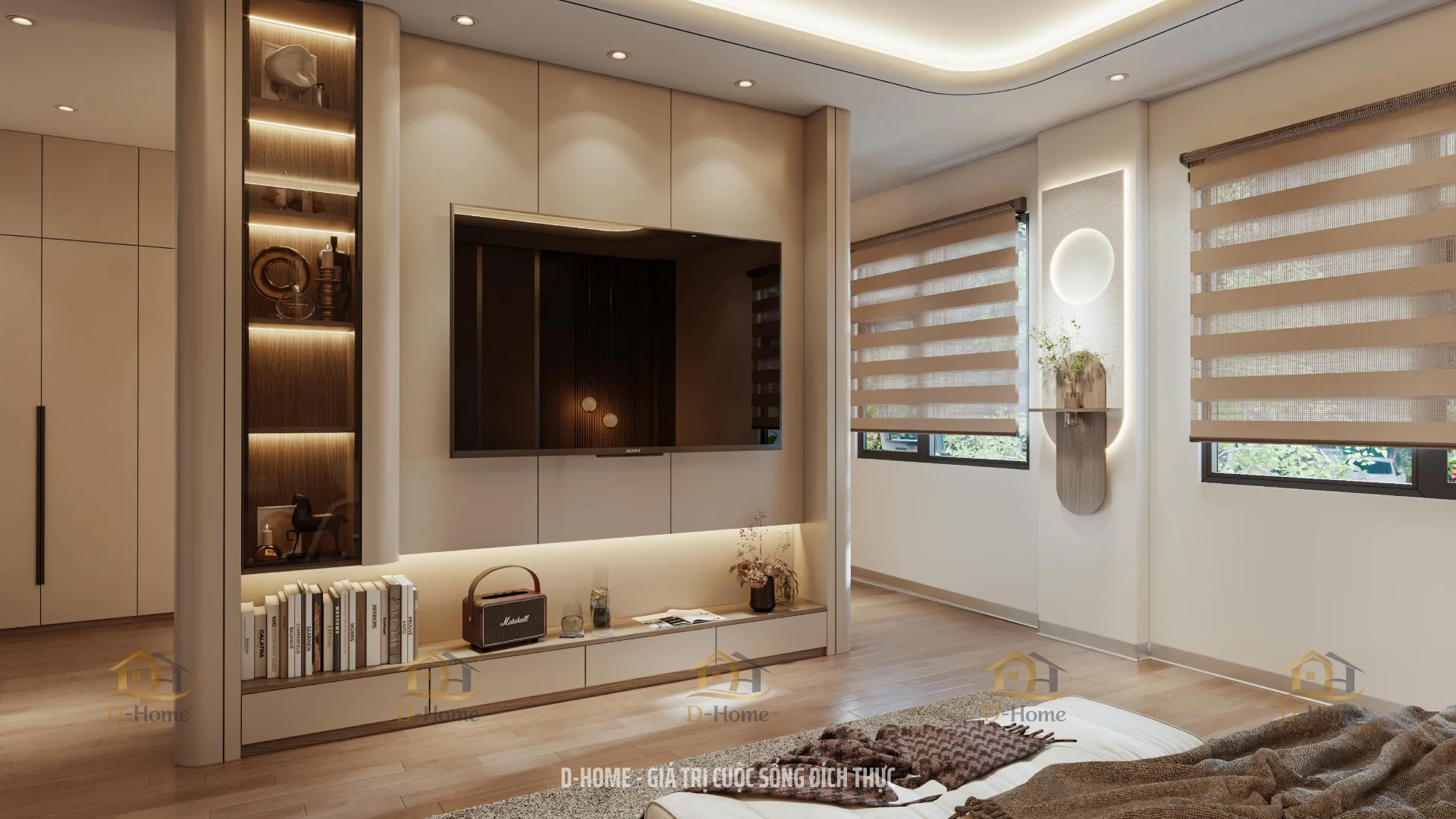 Hệ tủ TV âm tường kết hợp các hộc trang trí hai bên giúp tạo chiều sâu cho không gian