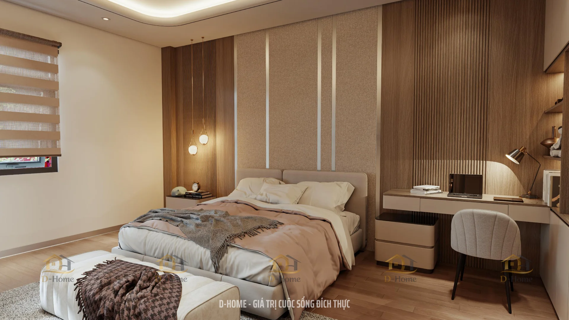 hòng ngủ con gái 2 tại lầu 1 được D-Home thiết kế theo phong cách Modern Luxury với ngôn ngữ thiết kế tối giản nhưng tinh tế