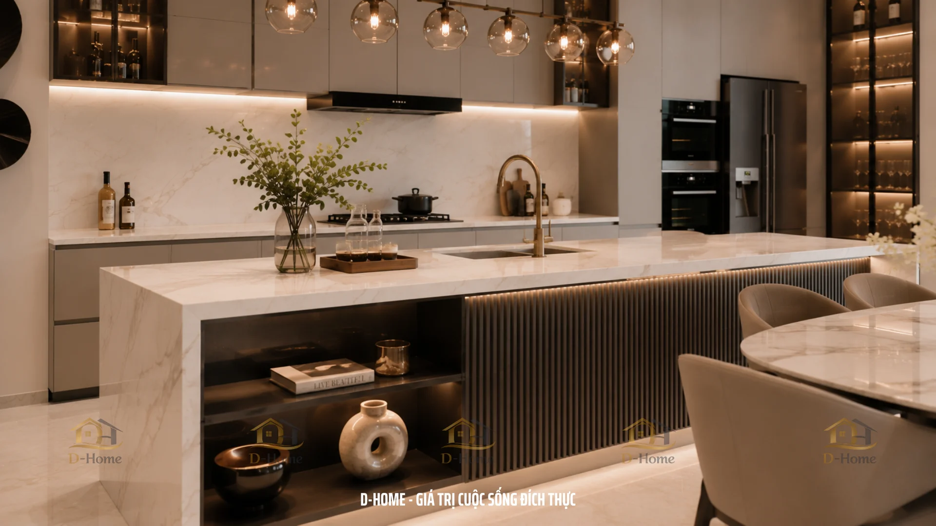 đảo bếp còn tích hợp hệ tủ lưu trữ phía dưới, giúp gia tăng diện tích chứa đồ mà vẫn đảm bảo sự gọn gàng