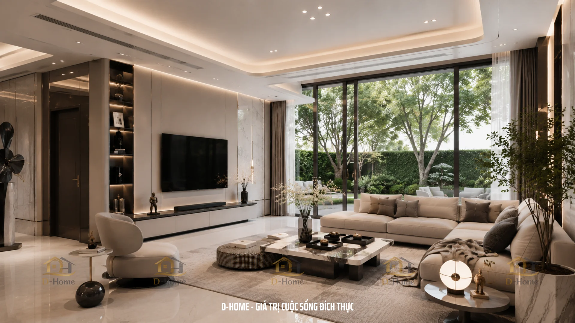 gia chủ mong muốn sở hữu một mẫu phòng khách biệt thự hiện đại có vẻ đẹp sang trọng nhưng không quá cầu kỳ, ưu tiên sự tinh tế, thông thoáng