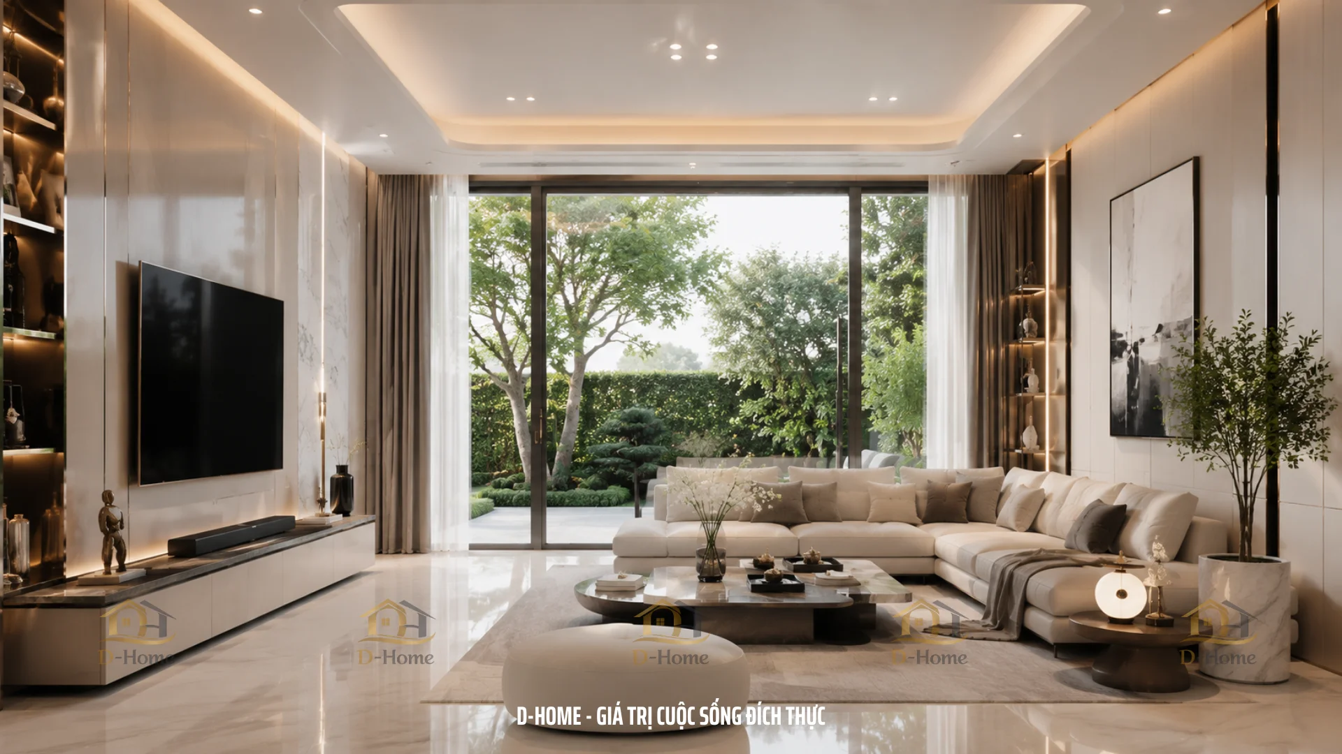 Phòng khách sử dụng tone màu chính là trắng, kem, be và xám nhạt làm chủ đạo, kết hợp cùng sắc nâu trầm của gỗ veneer để tạo nên sự cân bằng giữa vẻ đẹp hiện đại và ấm cúng