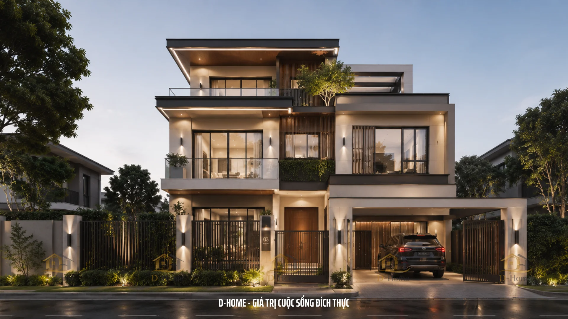 Thiết kế biệt thự hiện đại theo phong cách Modern Luxury sang trọng toàn bộ bố cục được nghiên cứu dựa trên thói quen sinh hoạt thực tế của gia đình nhằm tạo nên một không gian sống tiện nghi bền vững