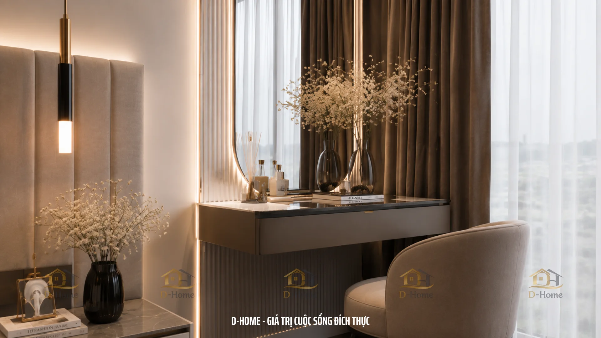 Khu vực bàn trang điểm được đặt cạnh cửa sổ lớn để tận dụng ánh sáng tự nhiên
