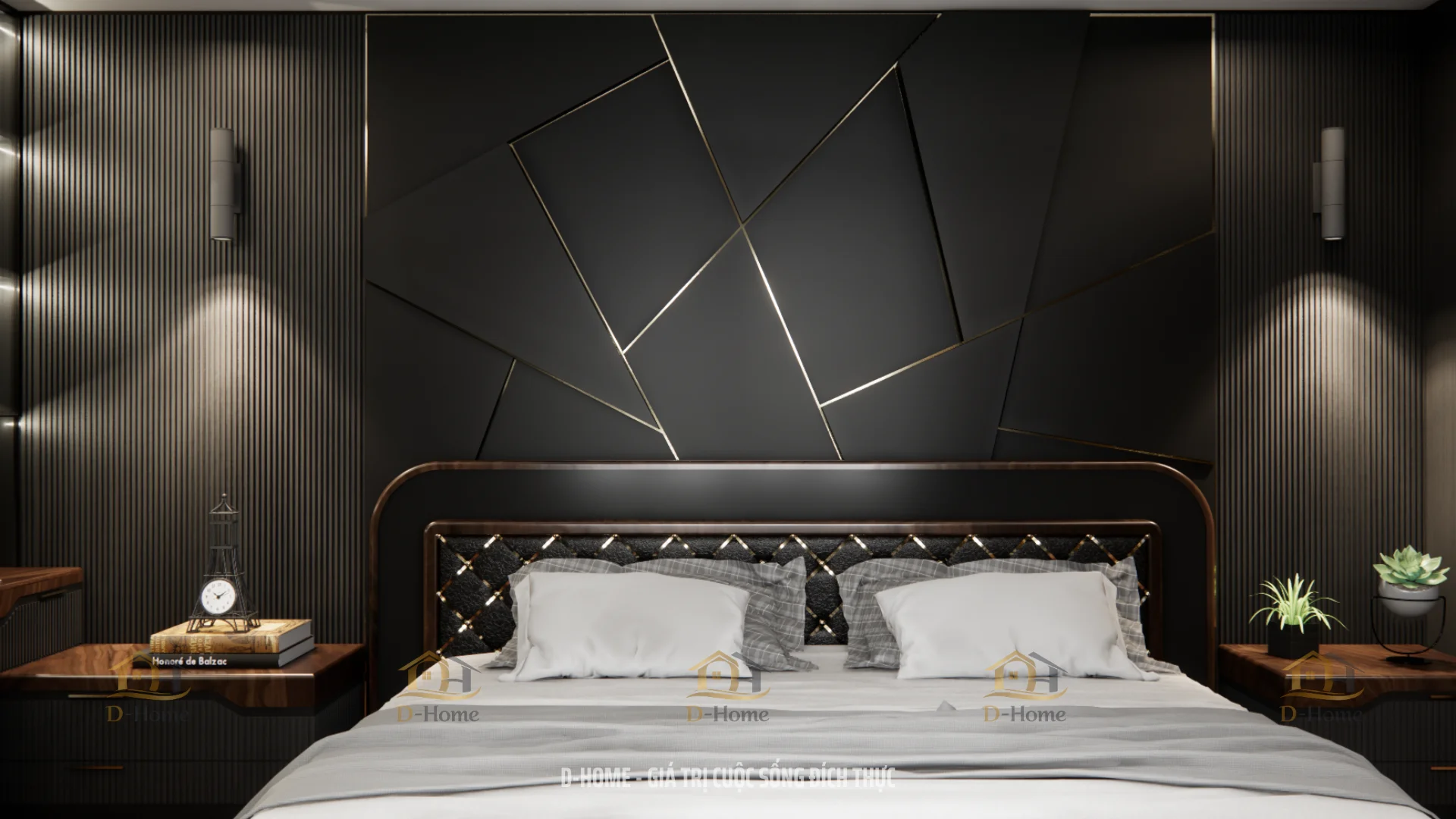 Giường ngủ được lựa chọn theo phong cách Modern Luxury với thiết kế bọc da cao cấp
