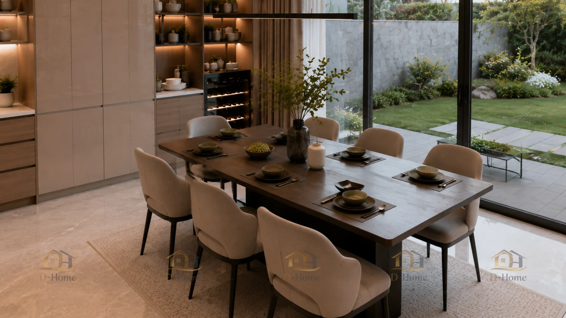 Vị trí bàn ăn được bố trí liền kề khu vực đảo bếp và hệ cửa kính lớn hướng ra sân vườn