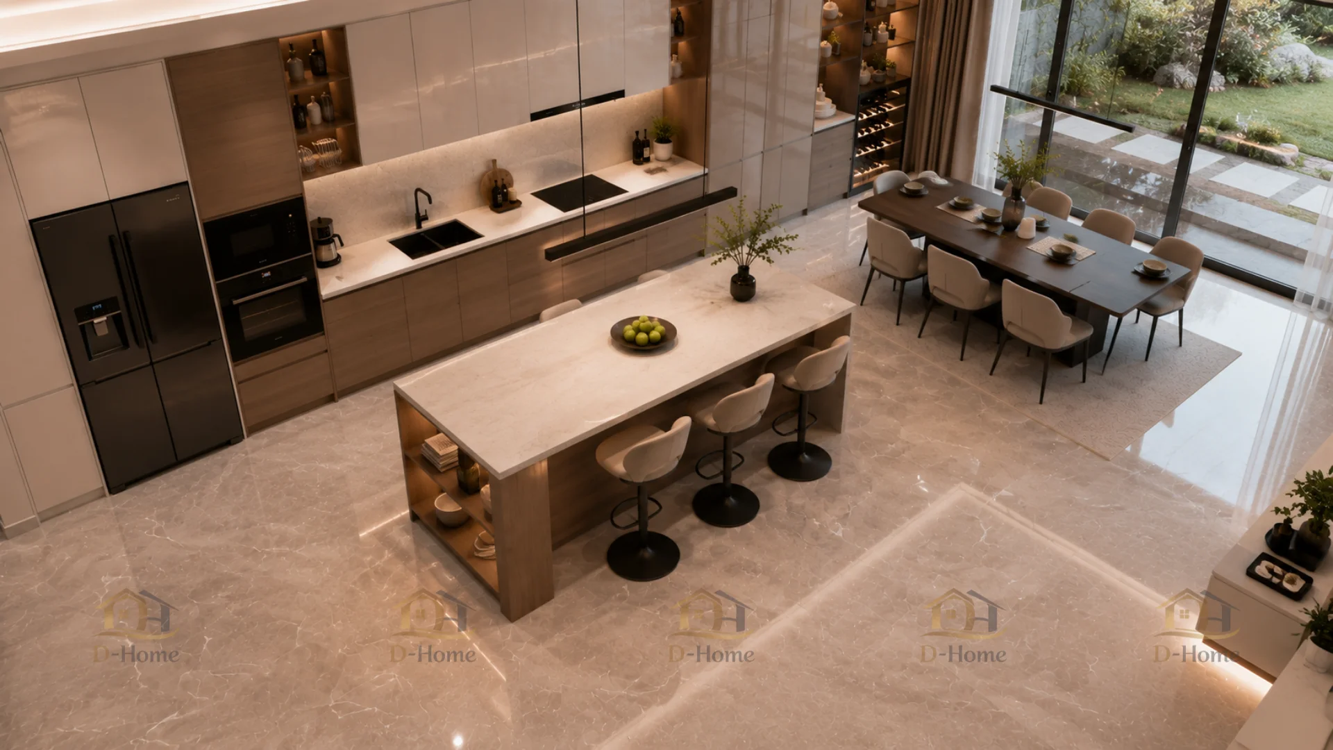 D-Home lựa chọn bảng màu trung tính gồm trắng, kem kết hợp vân gỗ tự nhiên để tạo nên tổng thể hài hòa, hiện đại và bền vững theo thời gian