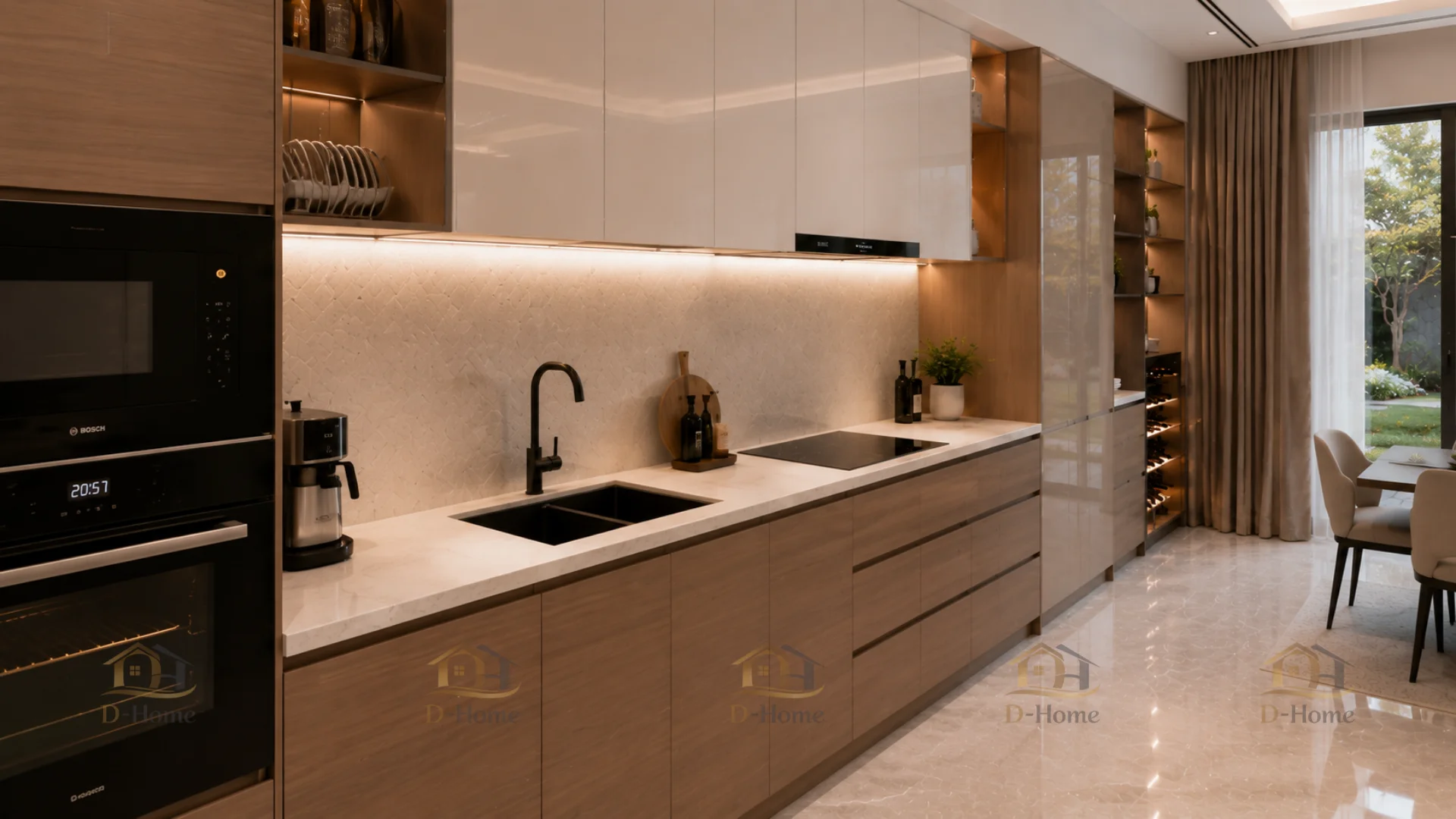 D-Home lựa chọn hệ tủ bếp chữ I chạy dài kết hợp đảo bếp trung tâm nhằm tối ưu diện tích sử dụng và tạo nên không gian bếp hiện đại, khoa học