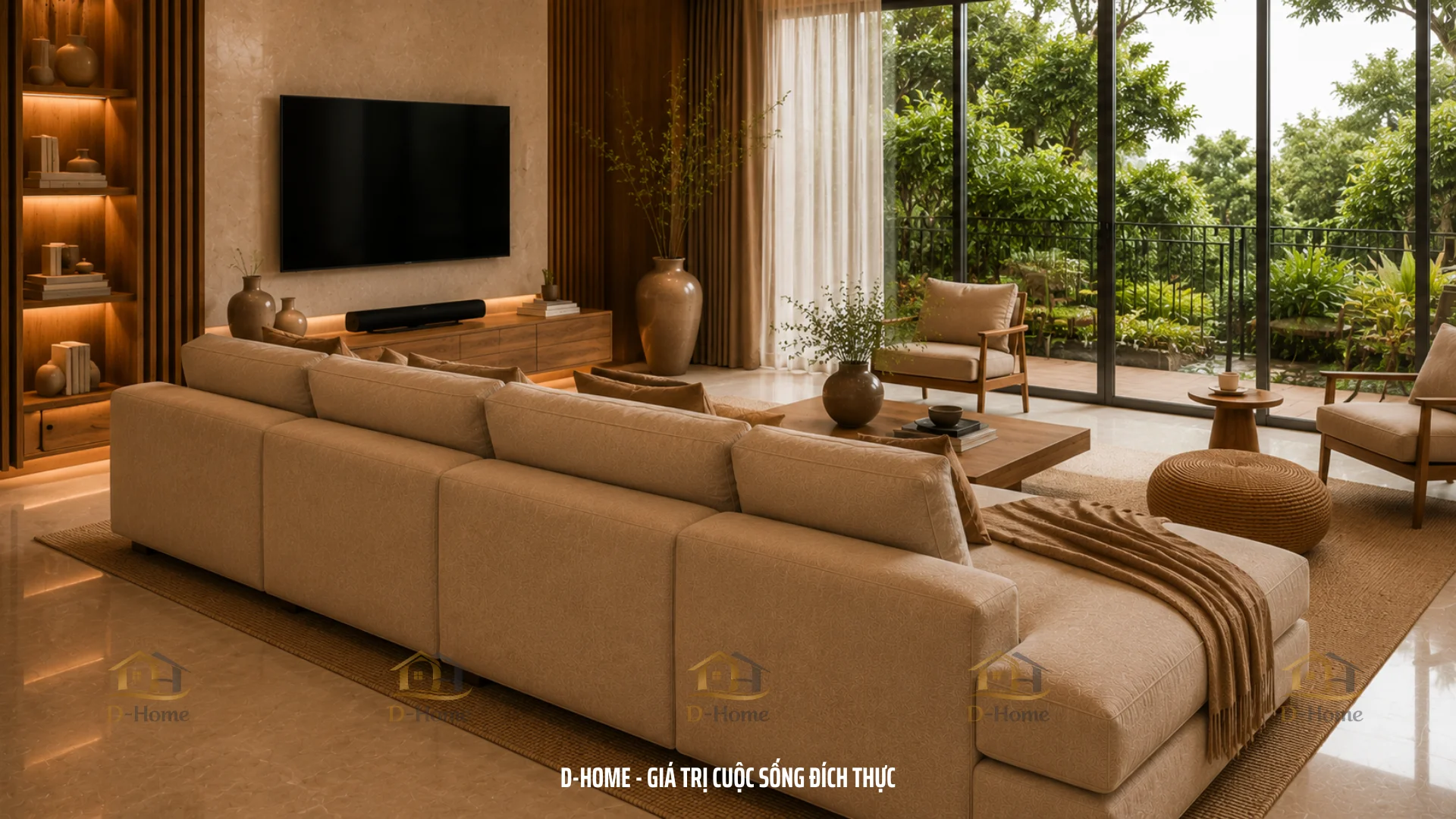 D-Home thiết kế hệ cửa kính trượt khổ lớn kết nối trực tiếp với sân vườn, giúp ánh sáng và không khí tự nhiên