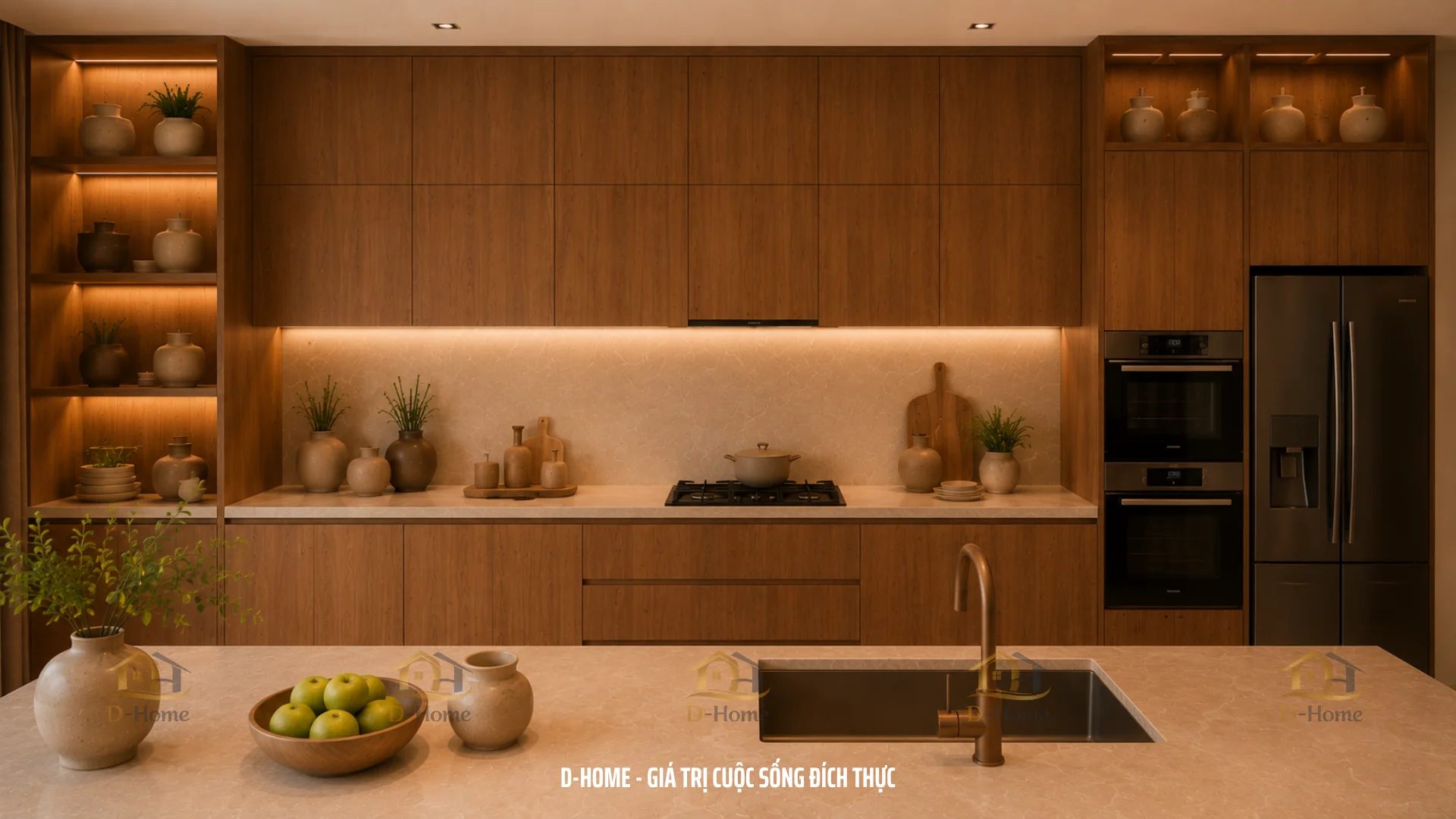 Các thiết bị như tủ lạnh, lò nướng, lò vi sóng và máy rửa chén đều được âm tủ, giúp thiết kế nội thất phòng bếp luôn gọn gàng