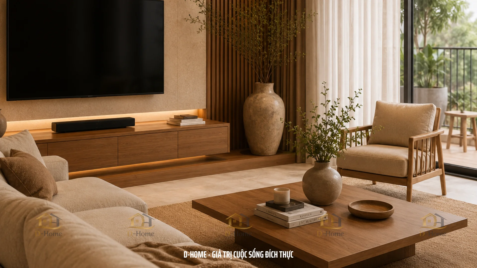 Bộ sofa chữ L kết hợp nội thất gỗ óc chó mang đậm phong cách Japandi Wabi-Sabi