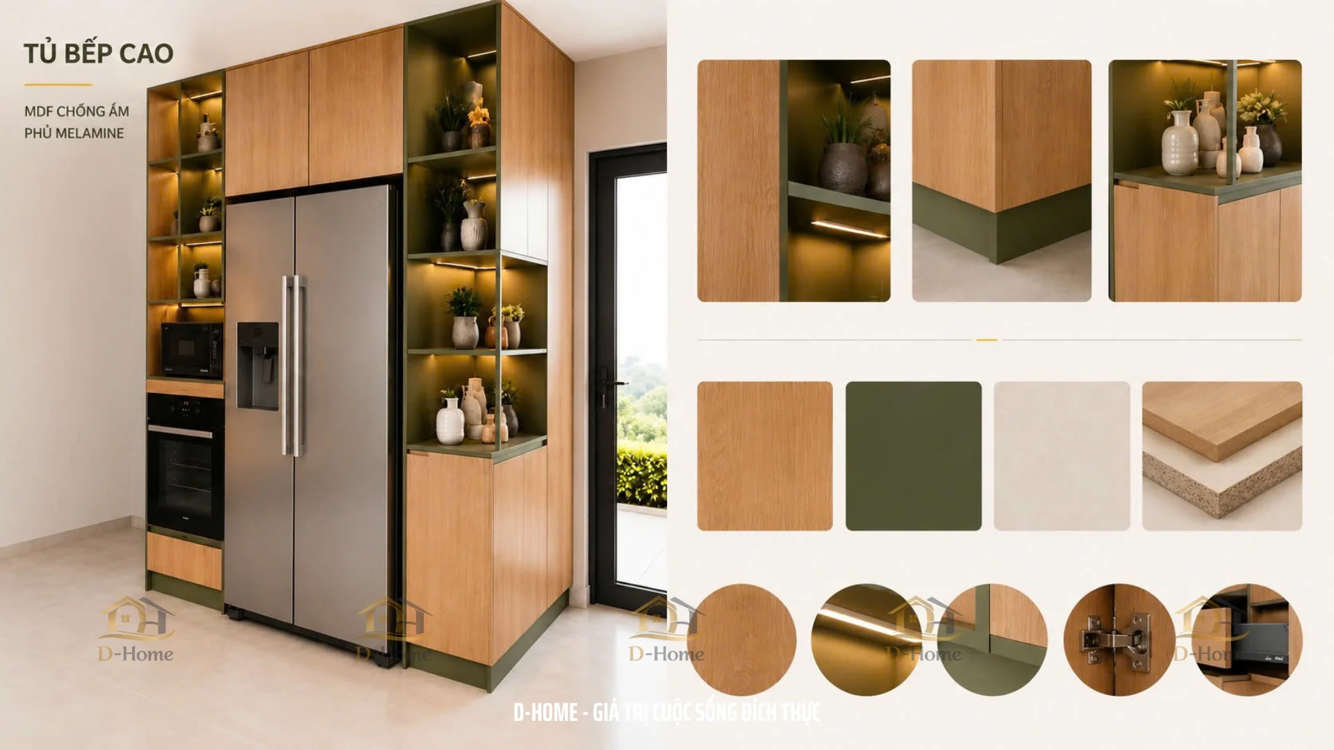 Lớp phủ Melamine có khả năng chống trầy xước, chống bám bẩn và dễ lau chùi sau khi nấu nướng