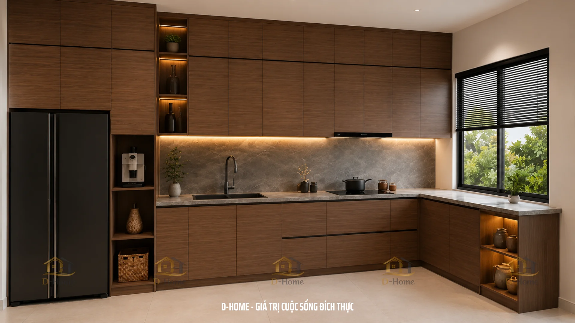 tủ bếp gỗ công nghiệp MDF chống ẩm phủ Melamine được sử dụng phổ biến trong các công trình căn hộ chung cư, nhà phố
