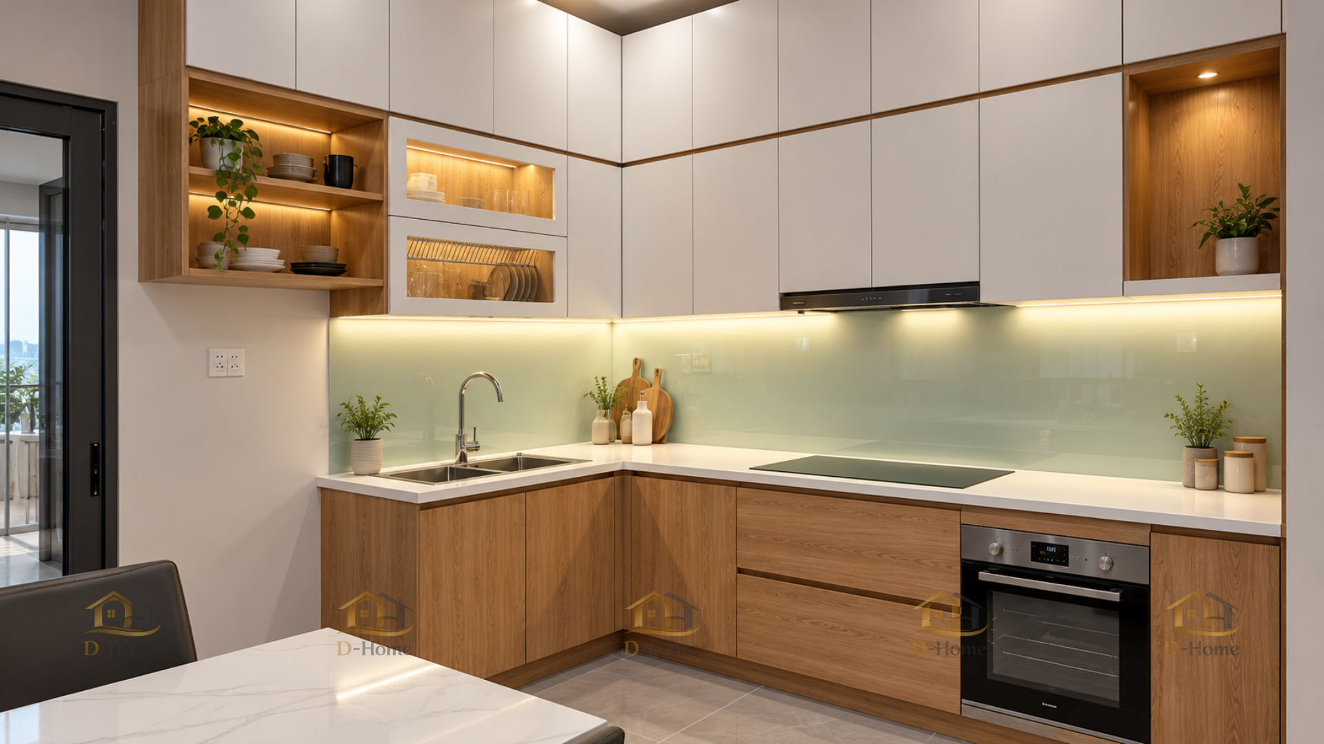 Hình ảnh thực tế dự án thi công tủ bếp MDF phủ Melamine chống ẩm chữ L cho nhà phố hiện đại do D-Home thực hiện