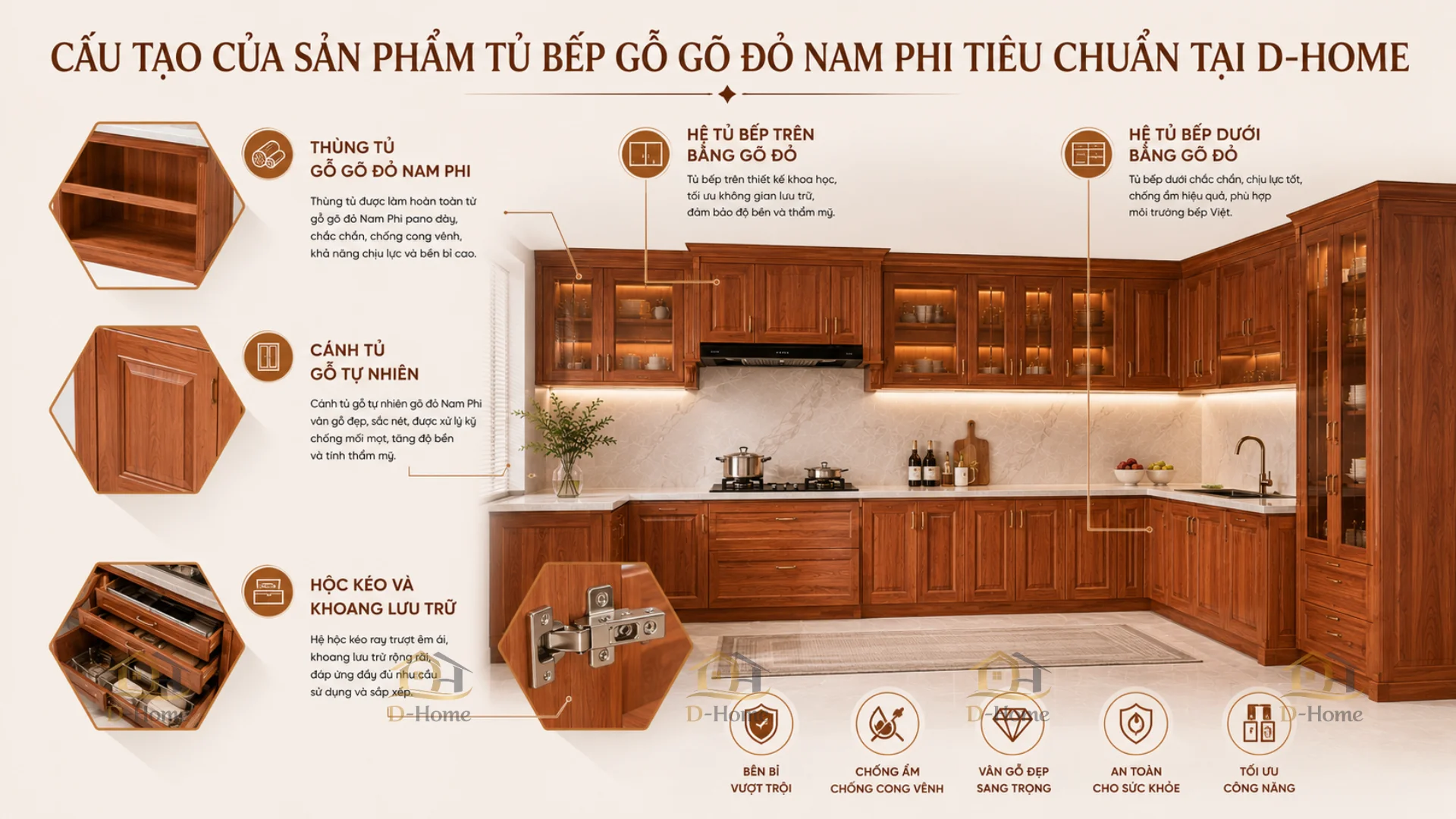 Tủ bếp gỗ gõ đỏ nam phi cao cấp vân gỗ sang trọng giá tốt