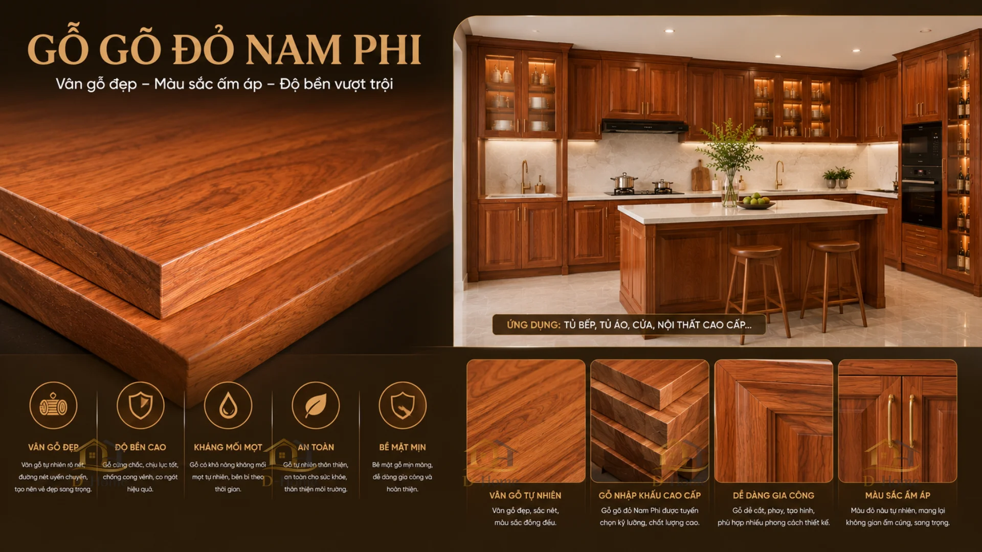 Tủ bếp gỗ gõ đỏ nam phi cao cấp vân gỗ sang trọng giá tốt