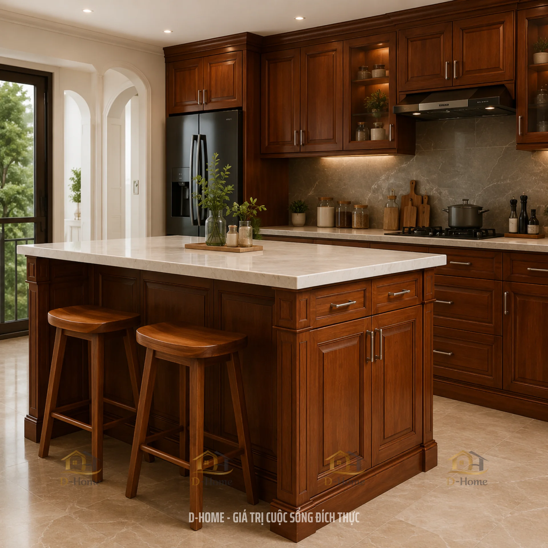 Tủ bếp gỗ gõ đỏ nam phi cao cấp vân gỗ sang trọng giá tốt
