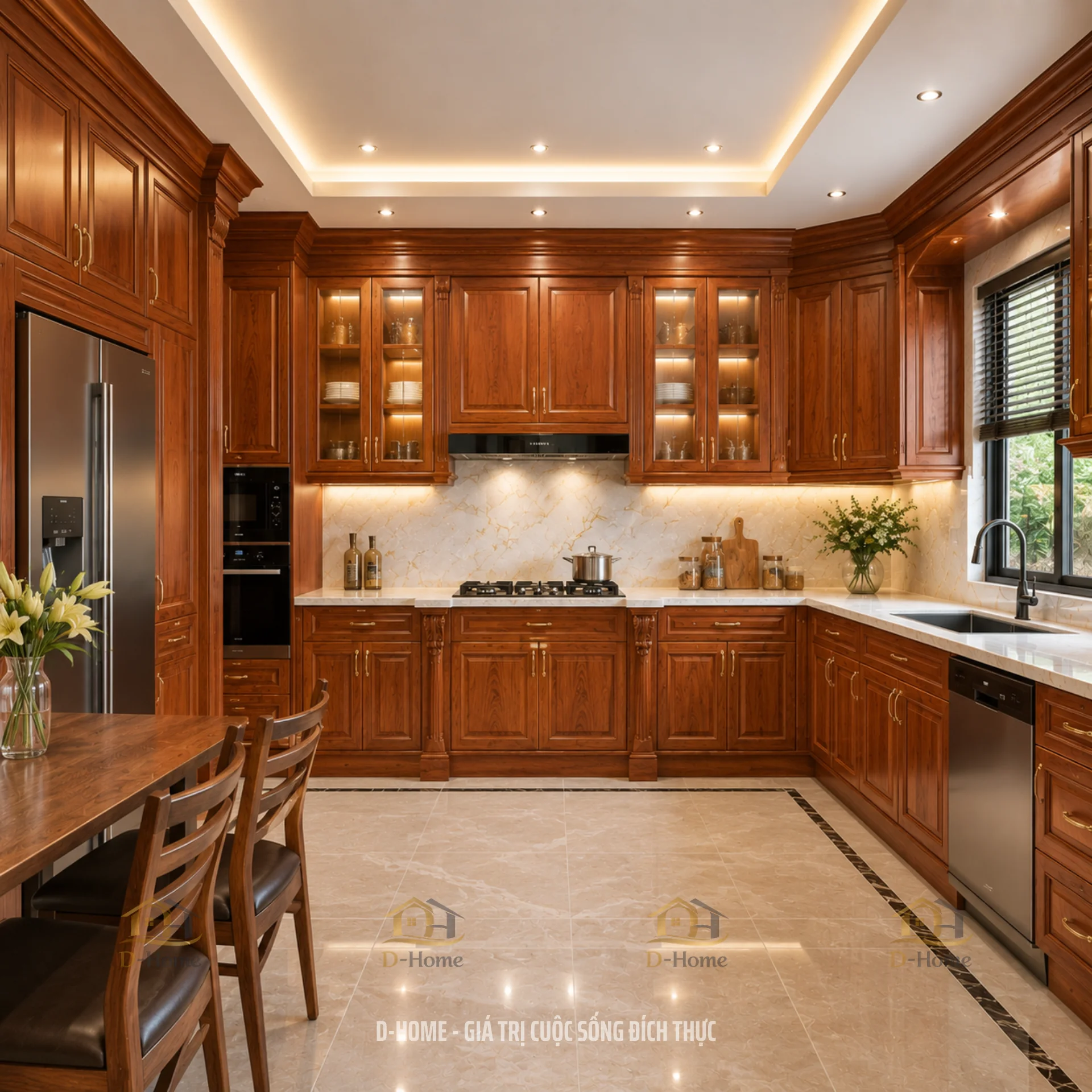 Tủ bếp gỗ gõ đỏ nam phi cao cấp vân gỗ sang trọng giá tốt