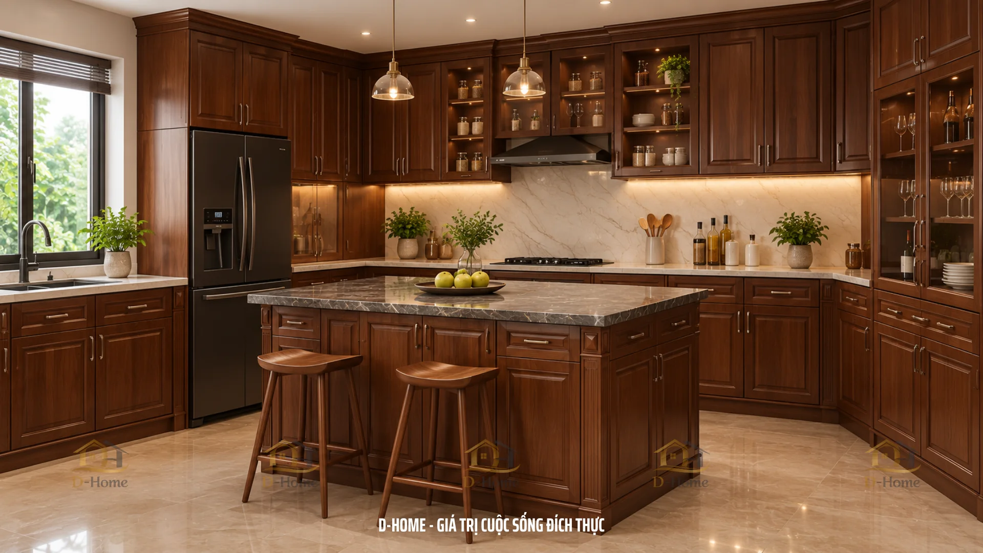 điểm nổi bật của tủ bếp bằng gỗ óc chó là màu nâu trầm đặc trưng kết hợp cùng những đường vân gỗ