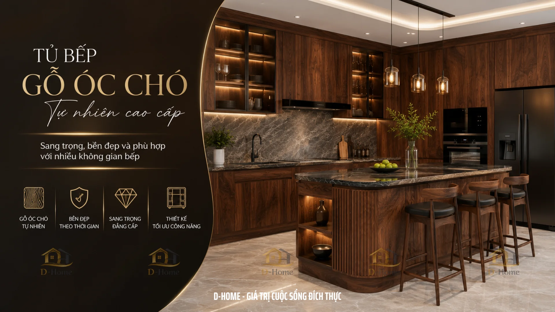 Tủ bếp gỗ óc chó đang ngày càng được nhiều gia chủ lựa chọn bởi sự sang trọng và tinh tế