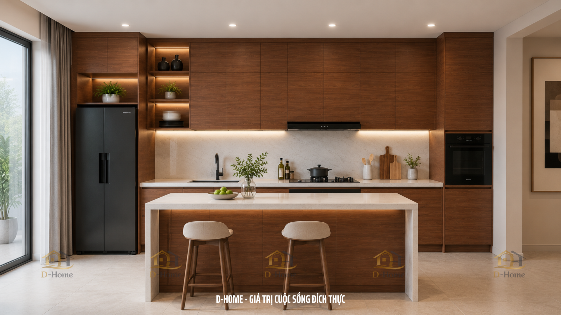 Toàn bộ tủ bếp MDF phủ Laminate tại D-Home được sản xuất từ gỗ công nghiệp MDF chống ẩm An Cường hoặc Ba Thanh chính hãng