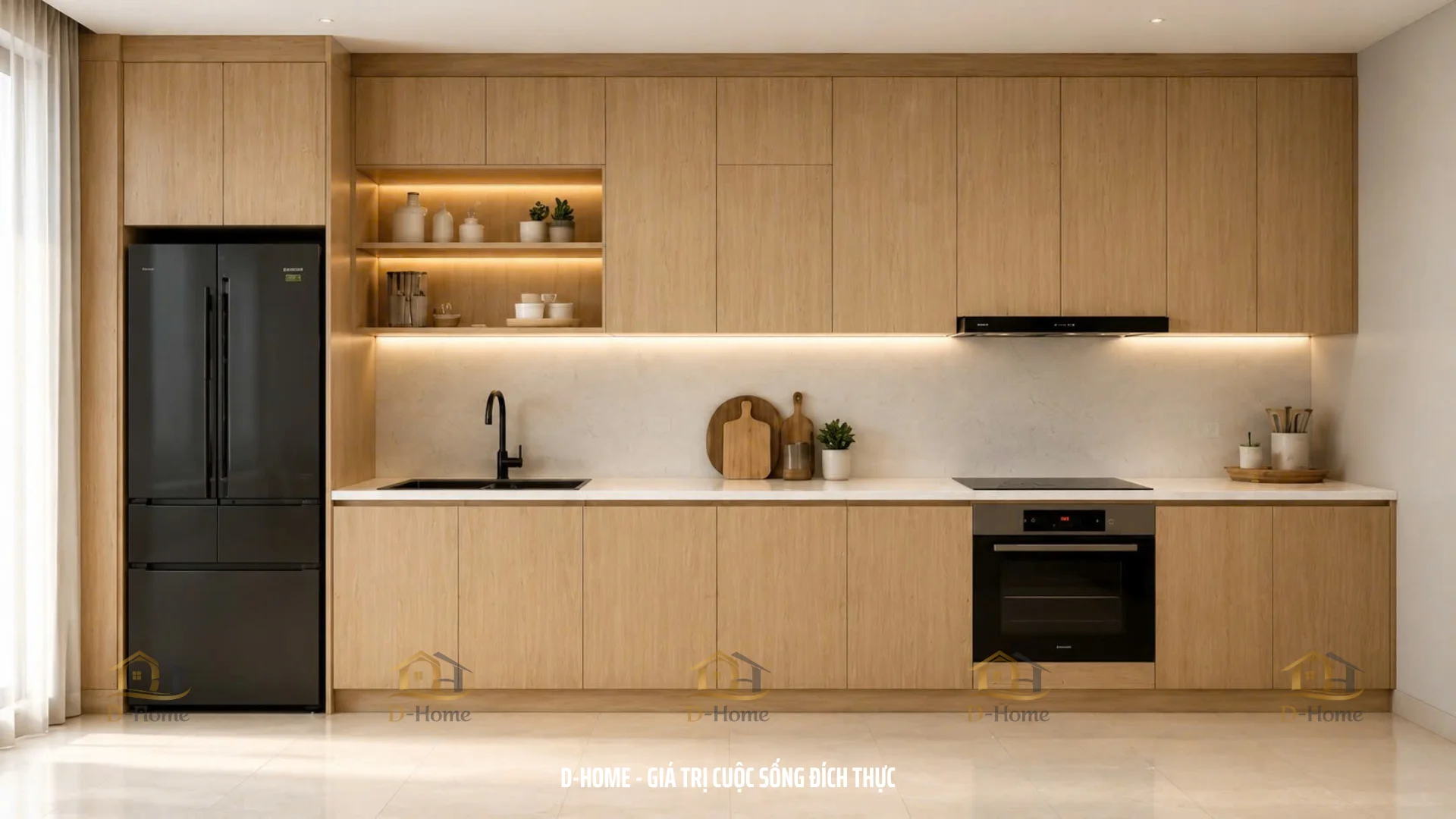 Tủ bếp chữ I giúp tối ưu diện tích phù hợp cho nhà phố, căn hộ