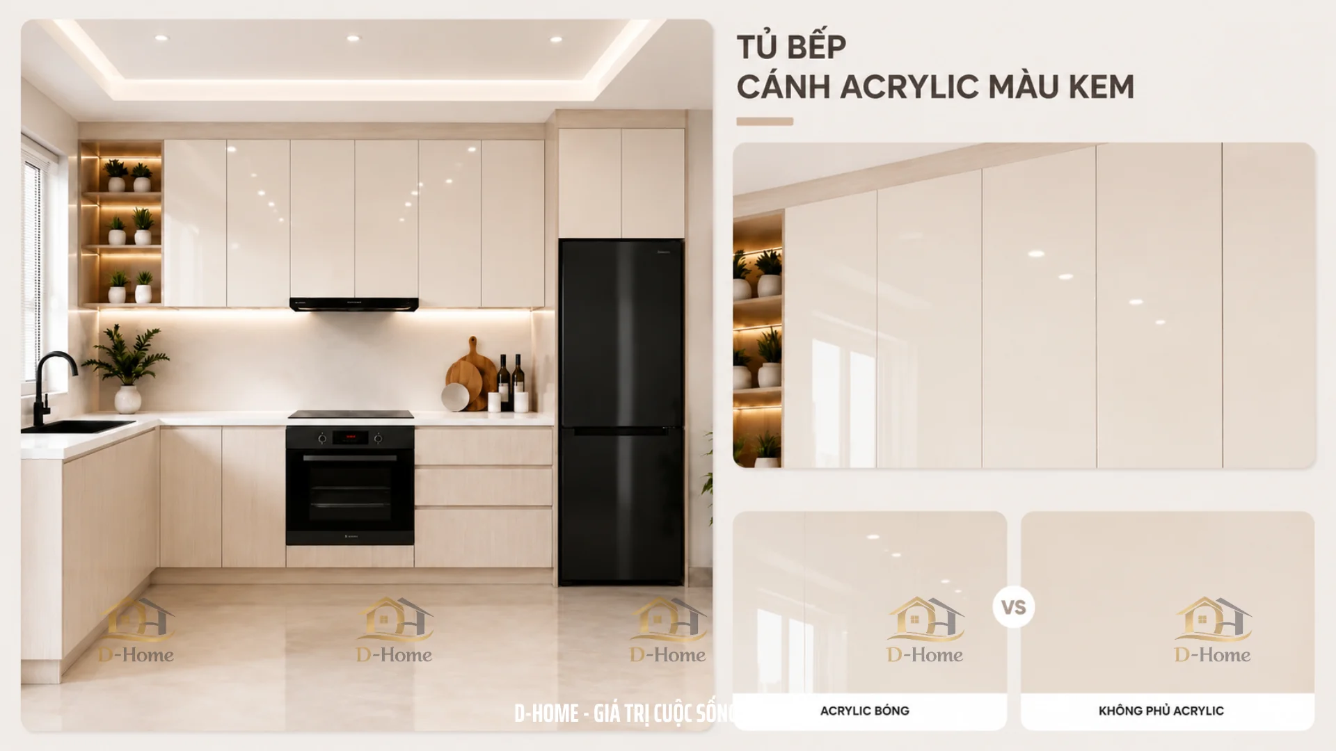 Cánh Acrylic An Cường có nhiều lựa chọn về màu sắc từ trắng, kem, ghi, xám đến đen hoặc các gam màu hiện đại khác, dễ dàng kết hợp với đá bếp