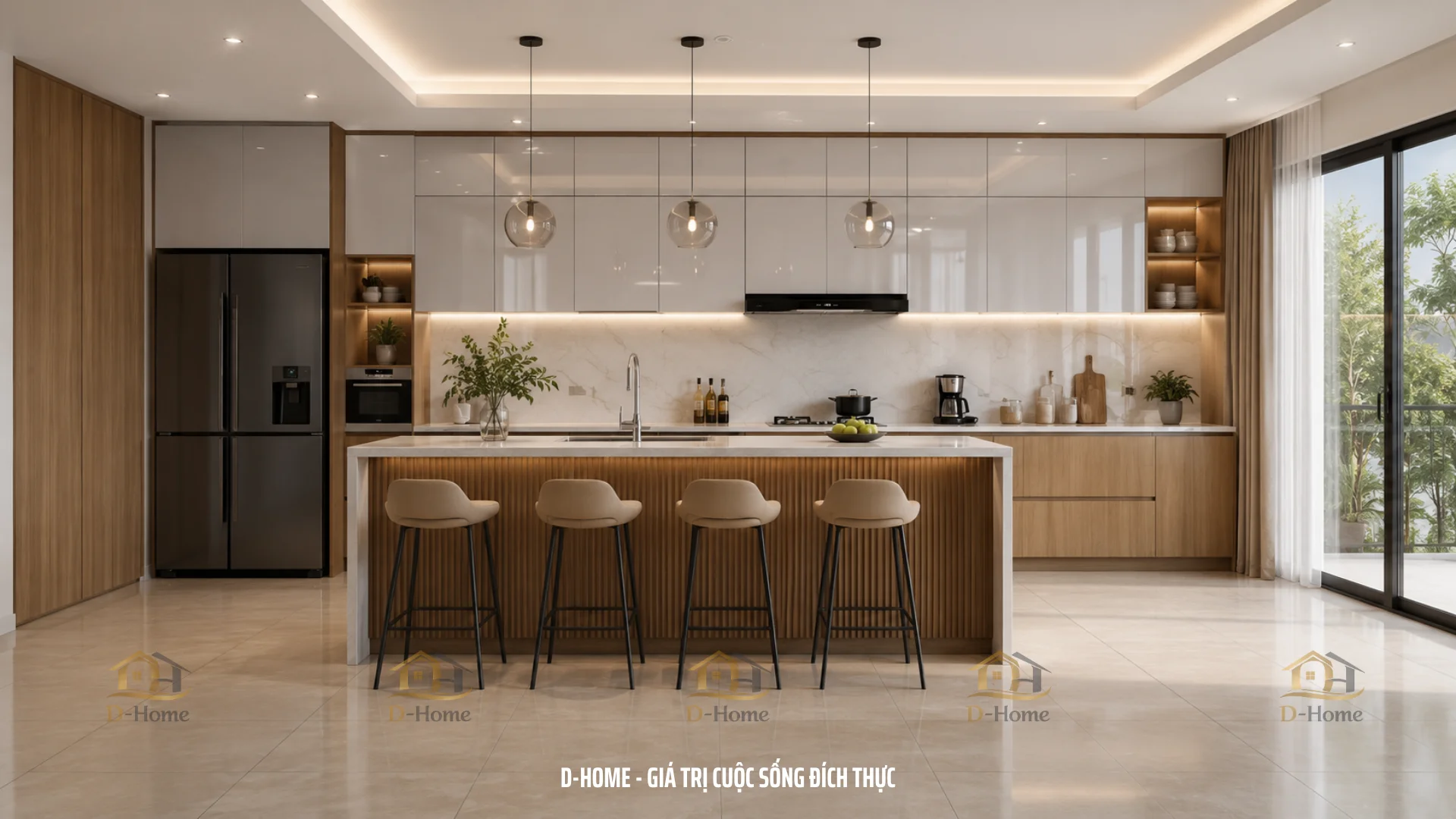 Tủ bếp MDF phủ Melamine chống ẩm cánh Acrylic An Cường là một trong những dòng sản phẩm được nhiều khách hàng lựa chọn tại D-Home nhờ sự kết hợp hài hòa giữa tính thẩm mỹ