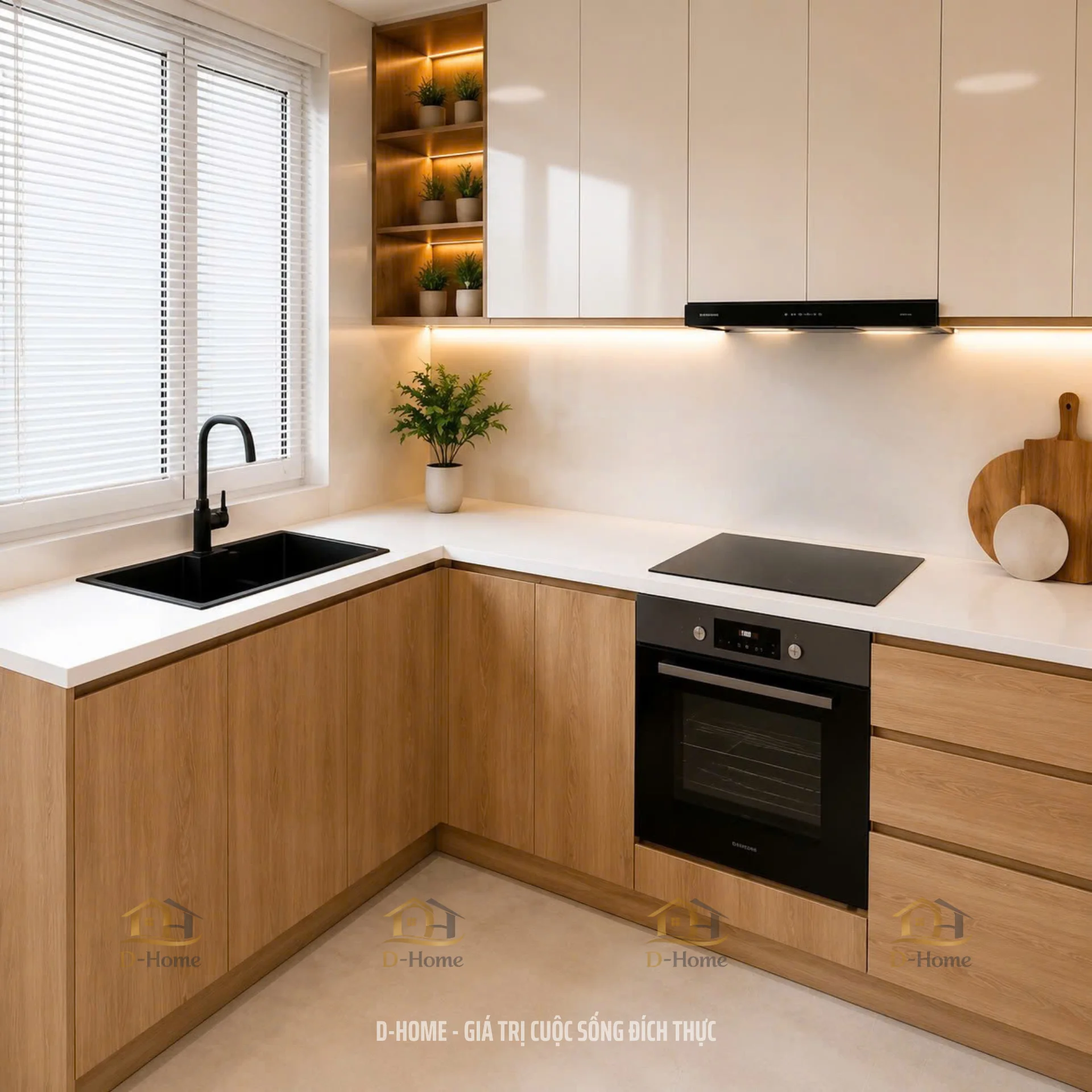 Tủ bếp MDF phủ Melamine chống ẩm cánh acrylic An Cường